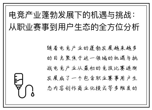电竞产业蓬勃发展下的机遇与挑战:从职业赛事到用户生态的全方位分析 电竞产业蓬勃发展下的机遇与挑战:从职业赛事到用户生态的全方位分析